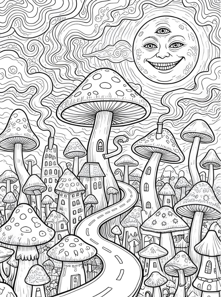 The Mushroom Village — coloring page