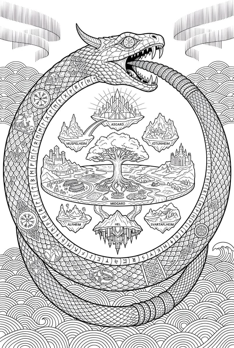 Ouroboros World Tree — coloring page