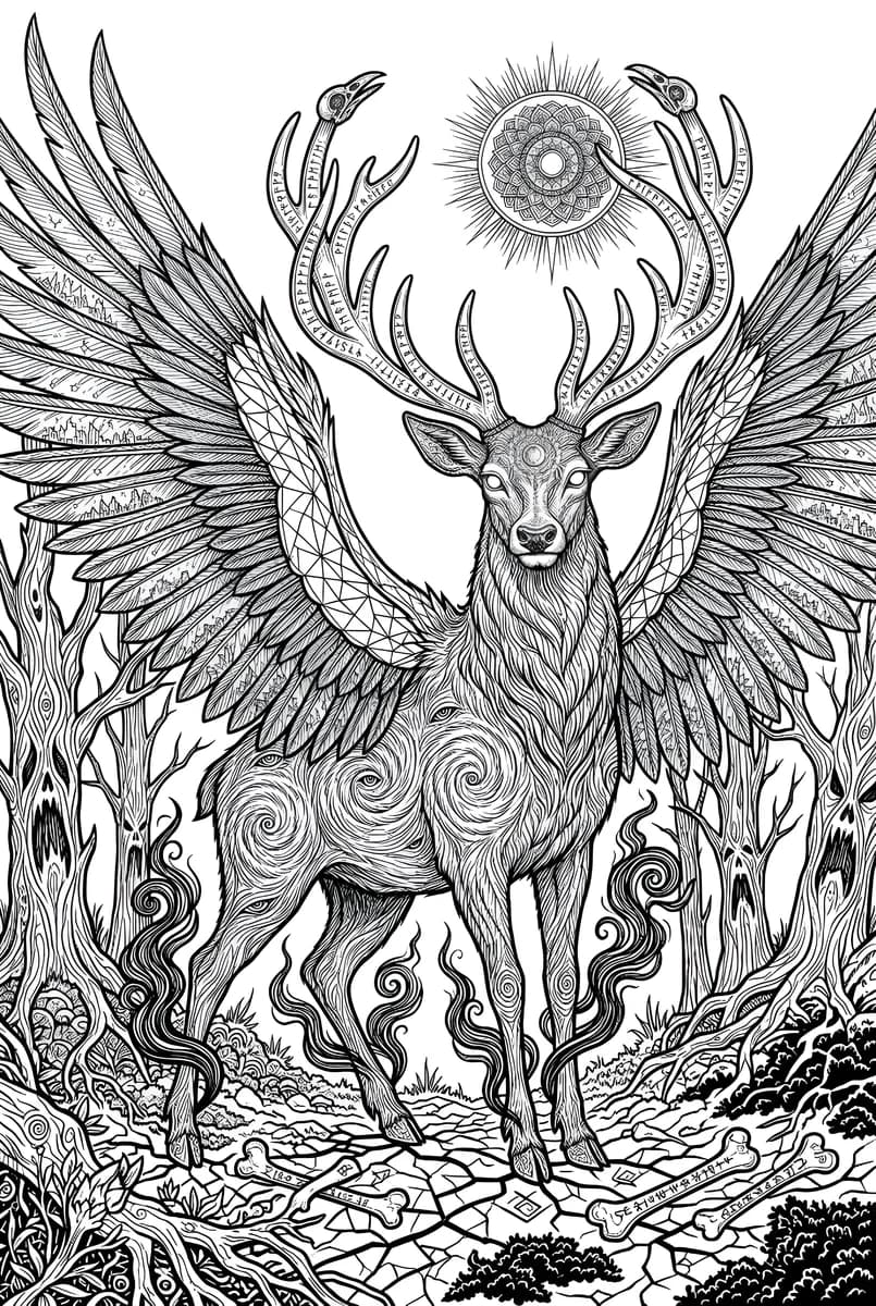 Sacred Winged Stag 2 — coloring page